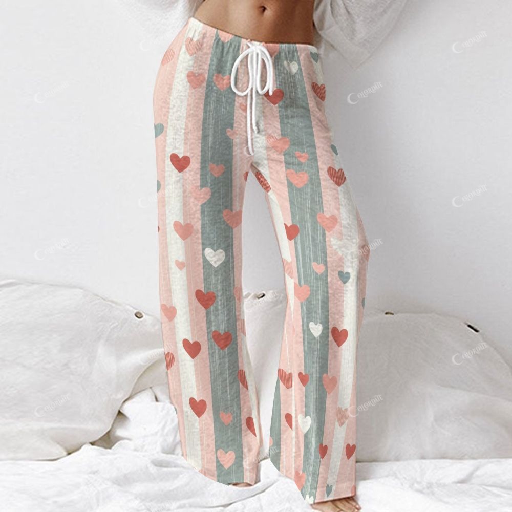 Women's Colorblock Stripe Heart Long Sleeve Cotton Homewear Set