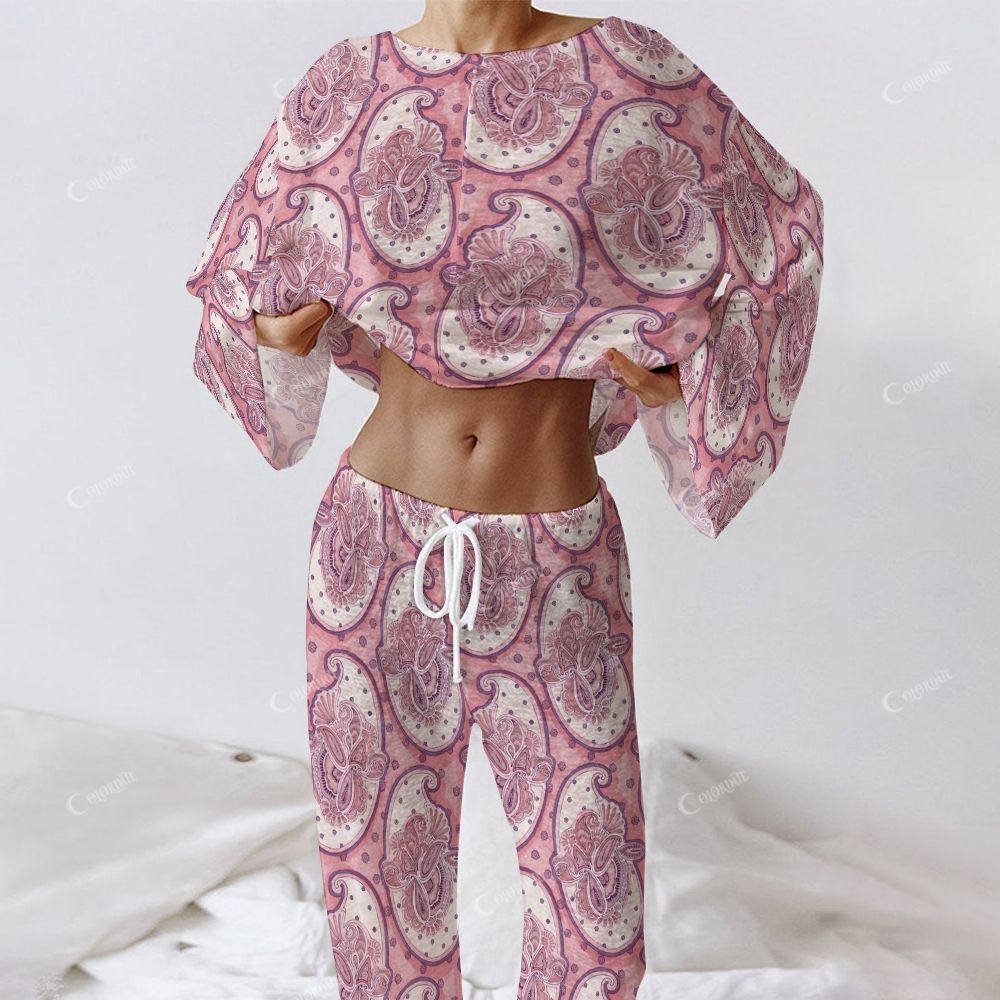 Colordate Women's Cashew Nut Pattern Print Long Sleeve Cotton Homewear Set