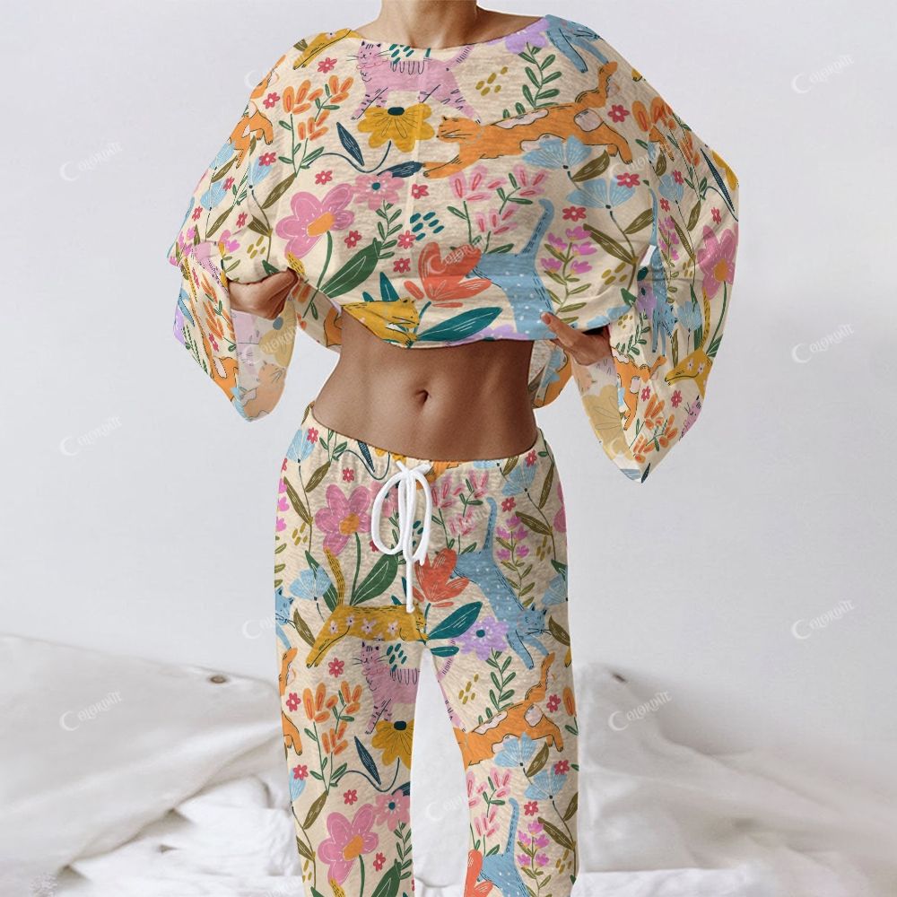Colordate Flora’s Purr Women's Flower And Kitten Prints Long Sleeve Cotton Homewear Set