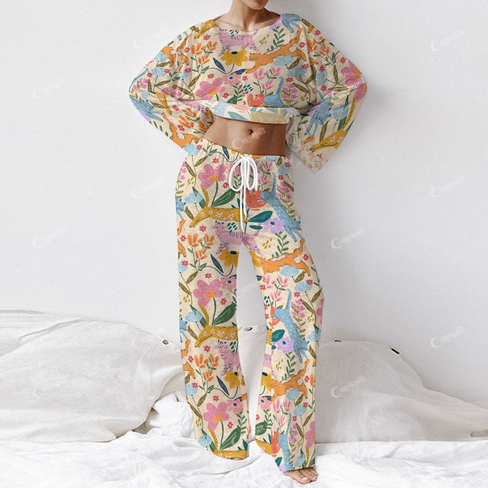 Colordate Flora’s Purr Women's Flower And Kitten Prints Long Sleeve Cotton Homewear Set