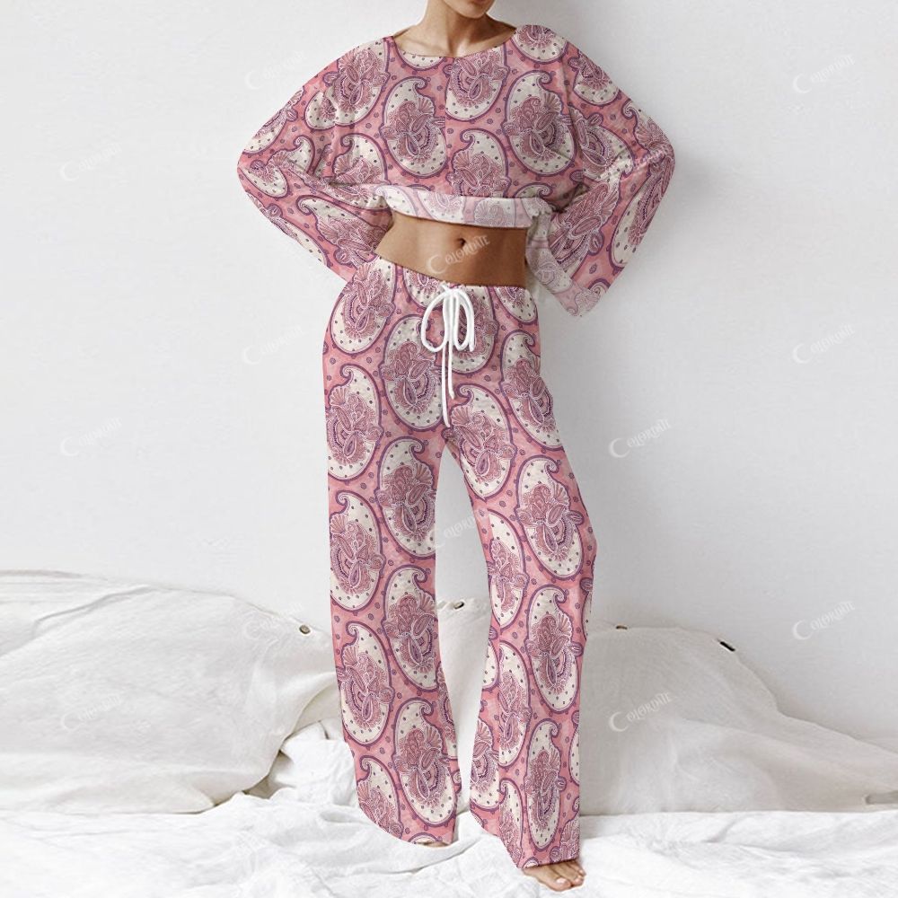 Colordate Women's Cashew Nut Pattern Print Long Sleeve Cotton Homewear Set