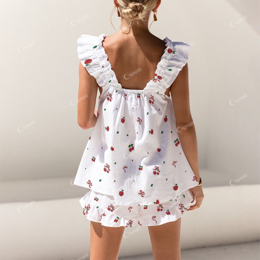 Colordate Cherry Print Short Tank Top Shorts Pajama Set