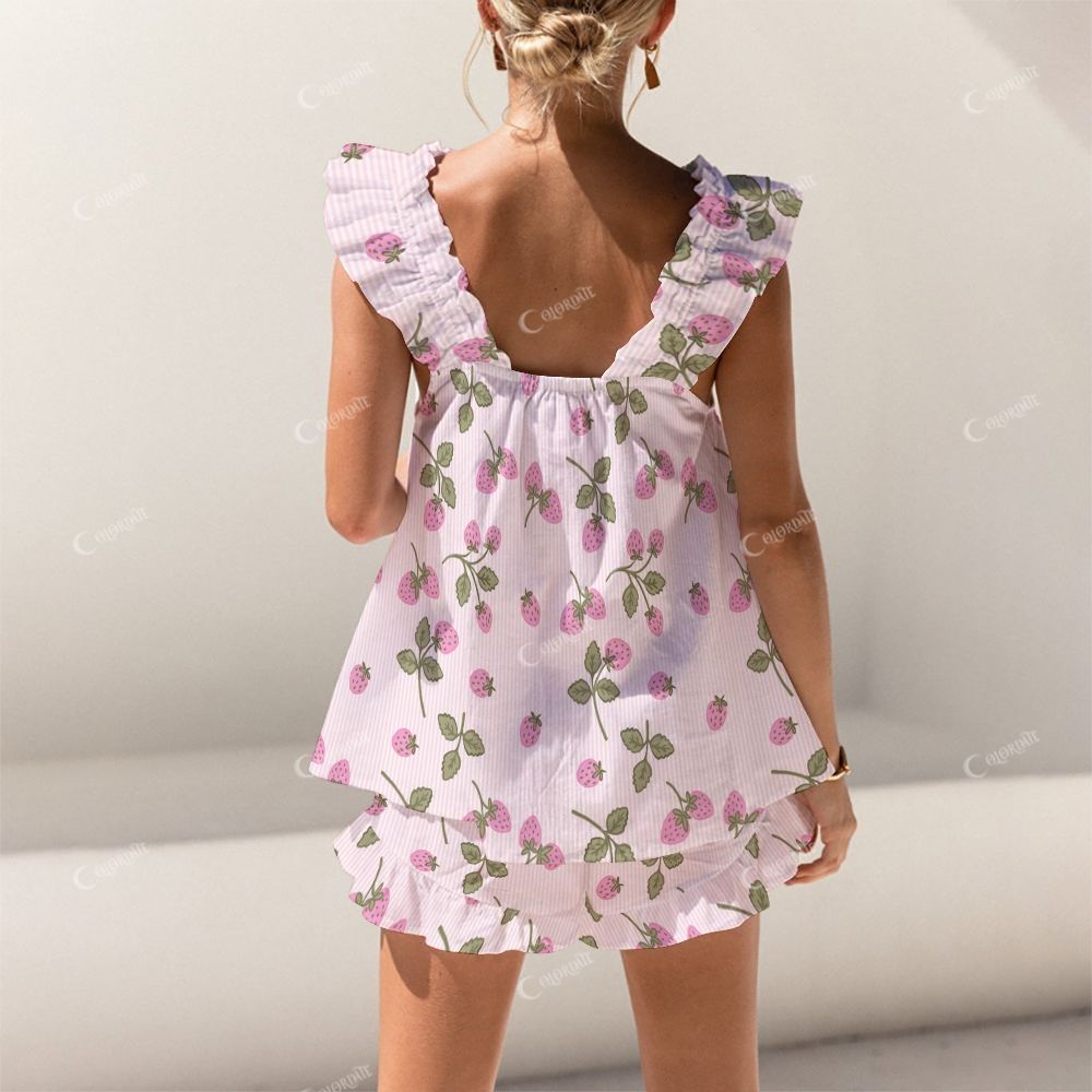 Colordate Jam Dream Pink Strawberry Print Short Tank Top Shorts Pajama Set