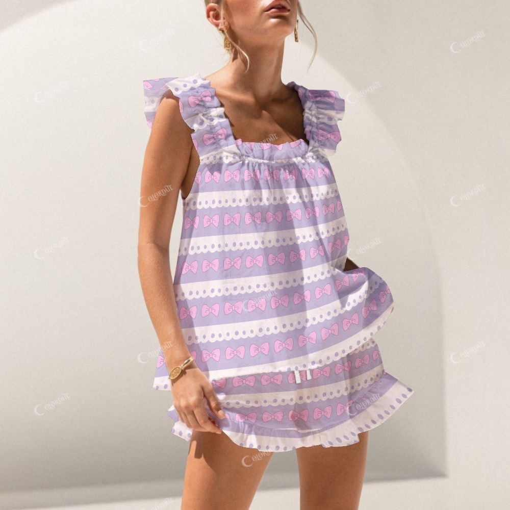 Colordate Purple Bow Print Short Tank Top Shorts Pajama Set