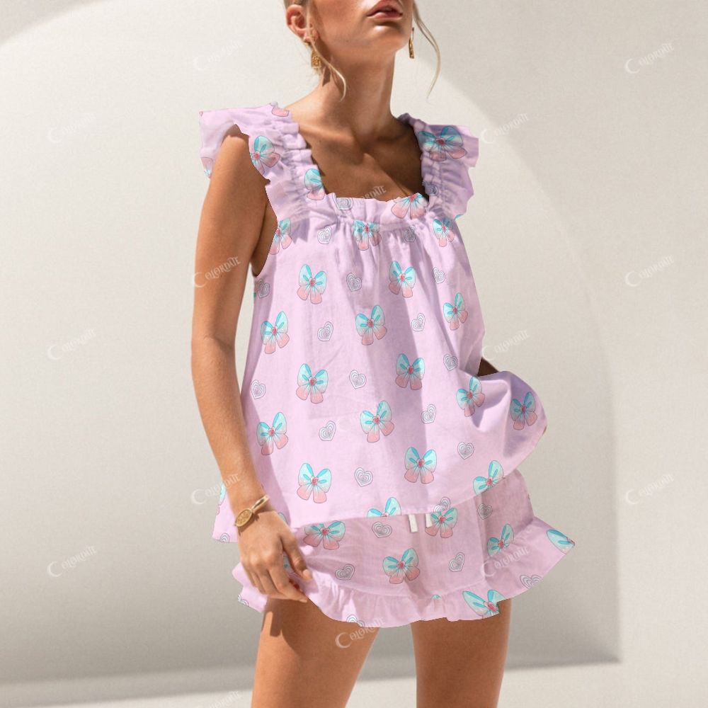 Colordate Pastel Mirage Blue And Pink Gradient Bow Print Short Tank Top Shorts Pajama Set
