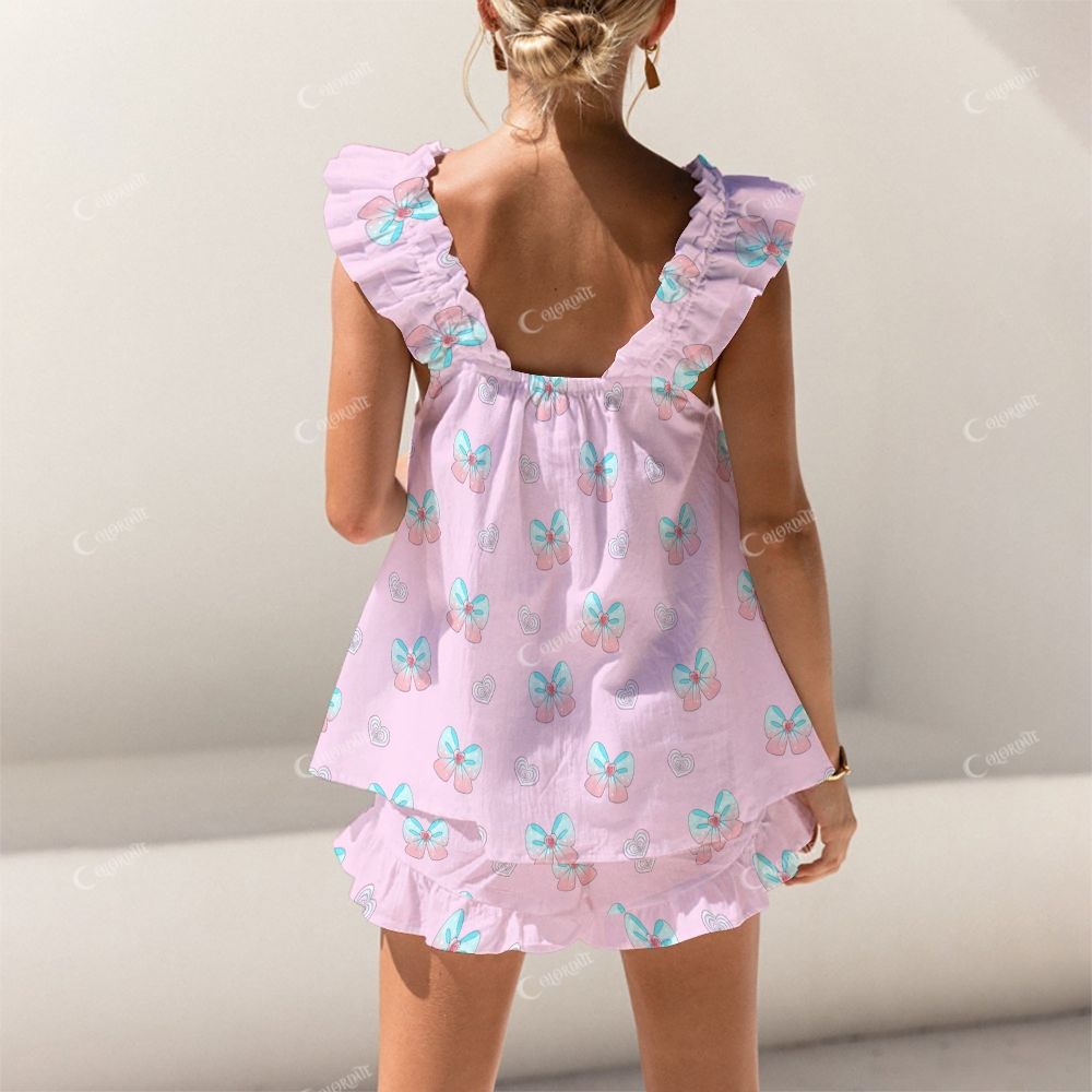 Colordate Pastel Mirage Blue And Pink Gradient Bow Print Short Tank Top Shorts Pajama Set