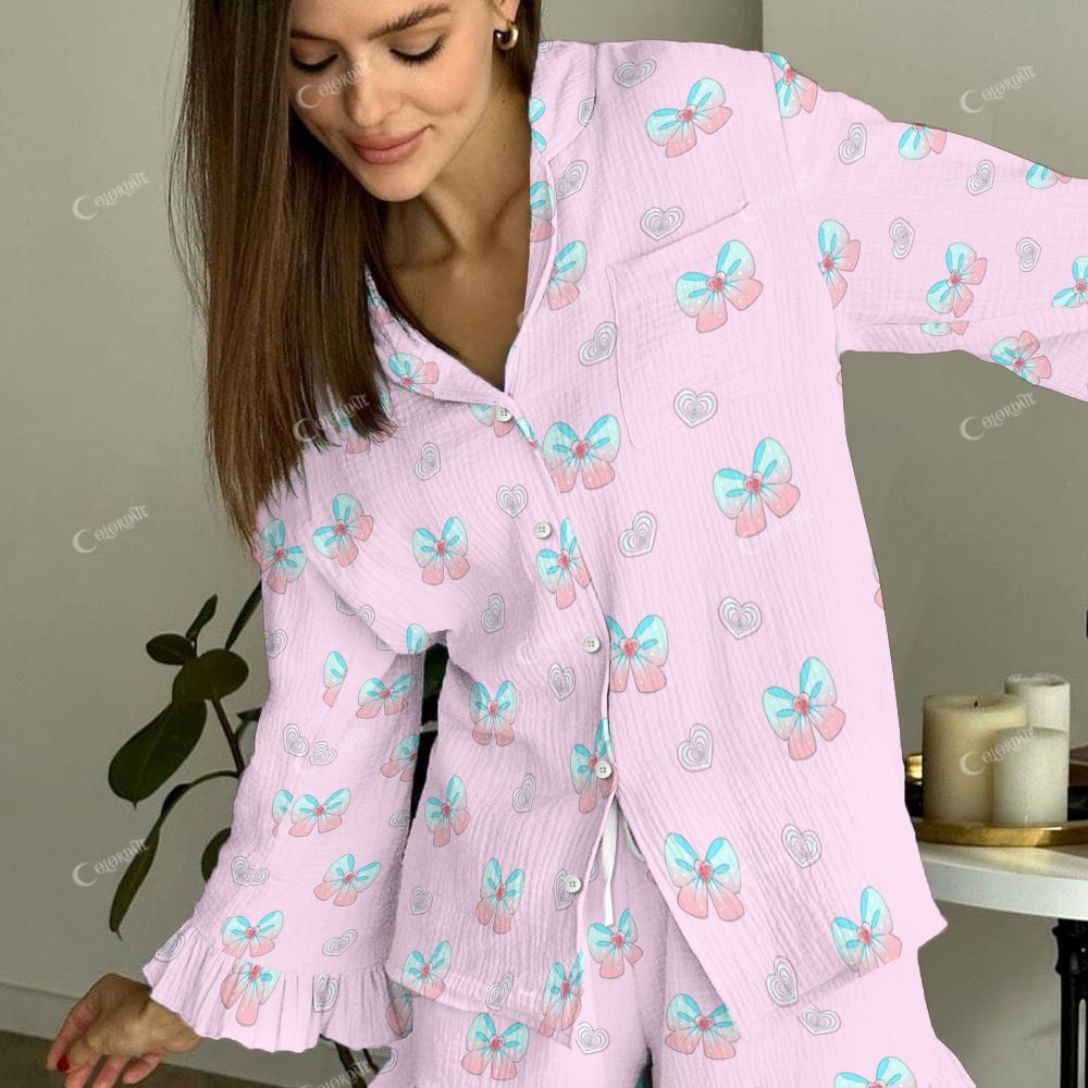 Colordate Pastel Mirage Women's Blue And Pink Gradient Bow Vintage Printed Linen Cotton Suit