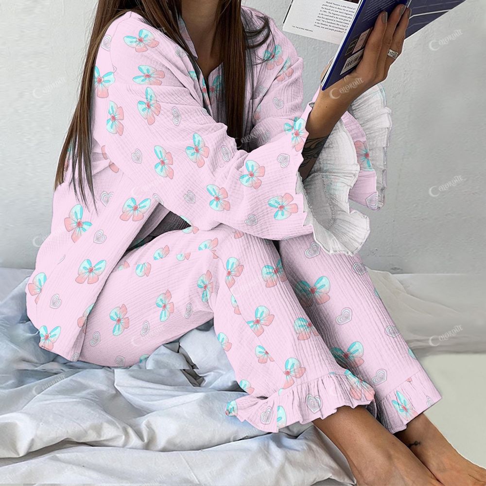 Colordate Pastel Mirage Women's Blue And Pink Gradient Bow Vintage Printed Linen Cotton Suit