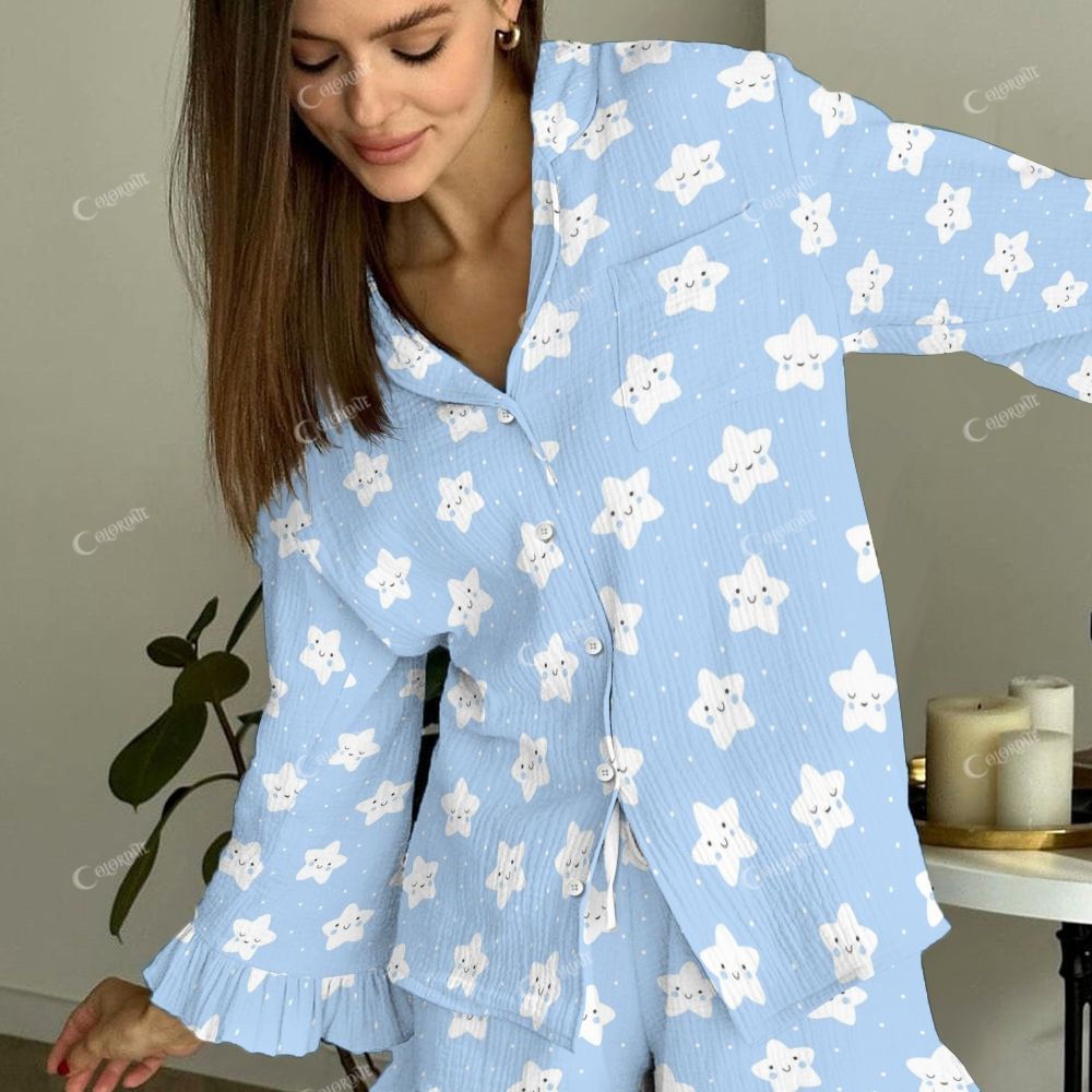 Colordate Azure Smiles Women's Star Vintage Printed Linen Cotton Suit