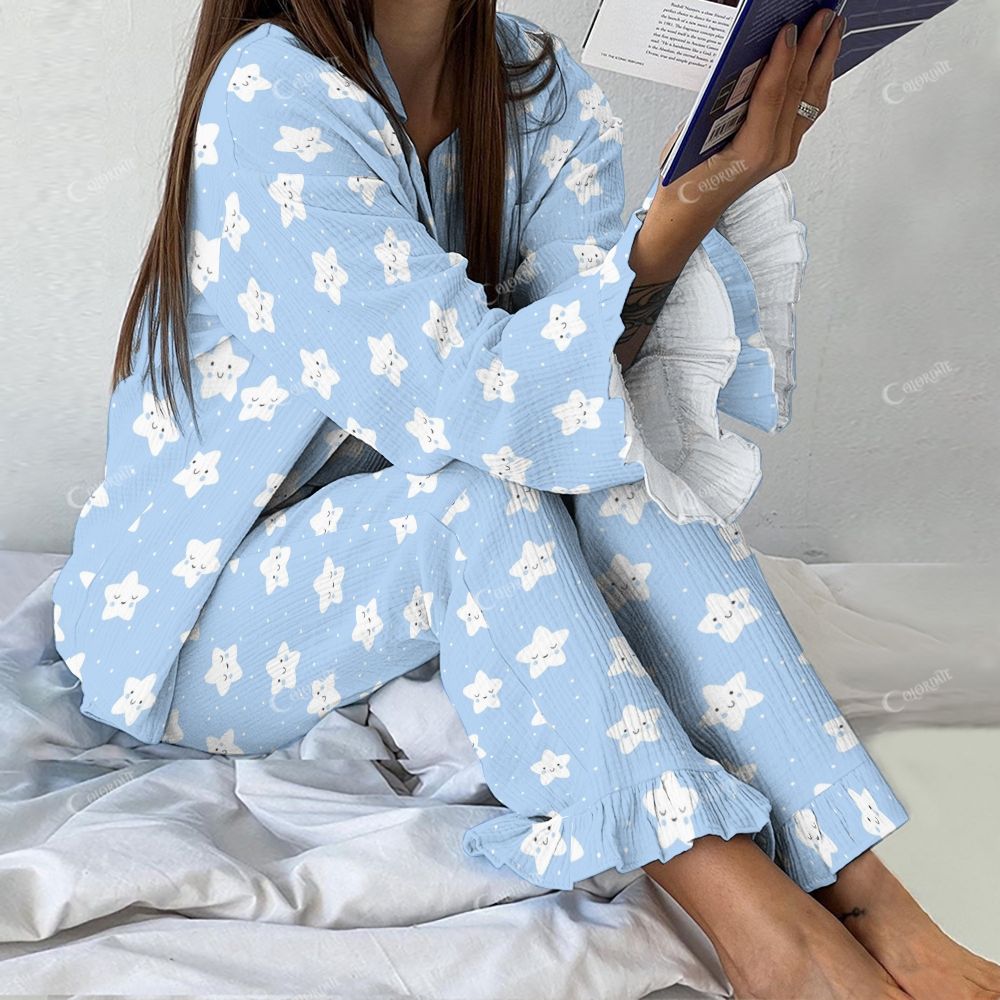 Colordate Azure Smiles Women's Star Vintage Printed Linen Cotton Suit