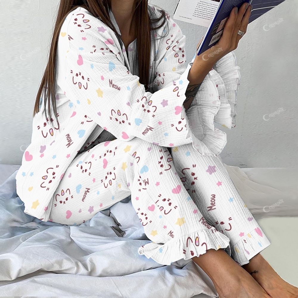 Colordate Women's Cat Vintage Printed Linen Cotton Suit