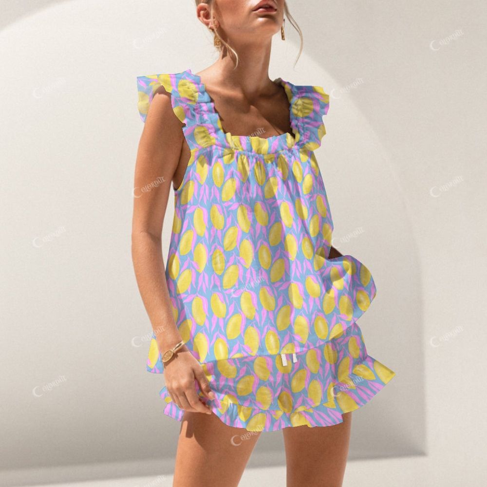 Colordate Lemon Print Short Tank Top Shorts Pajama Set