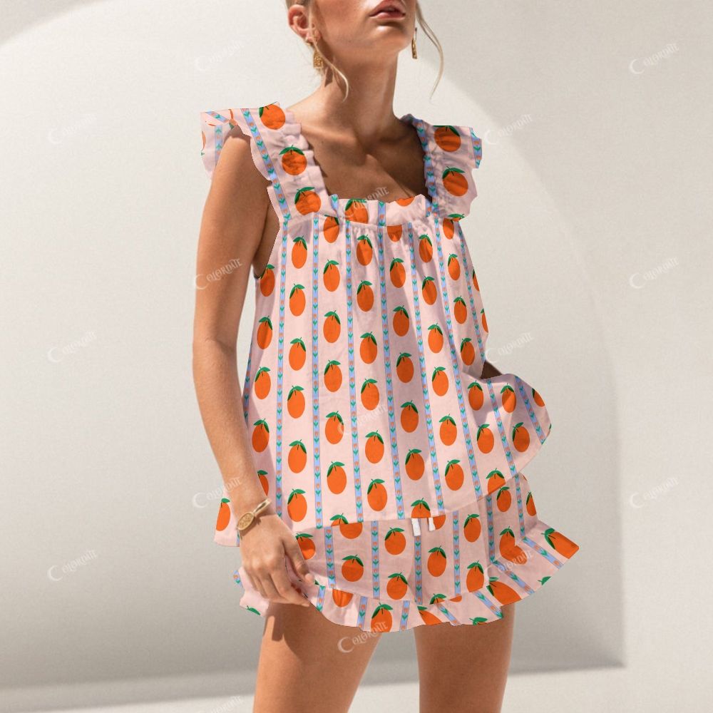 Colordate Orange Print Short Tank Top Shorts Pajama Set