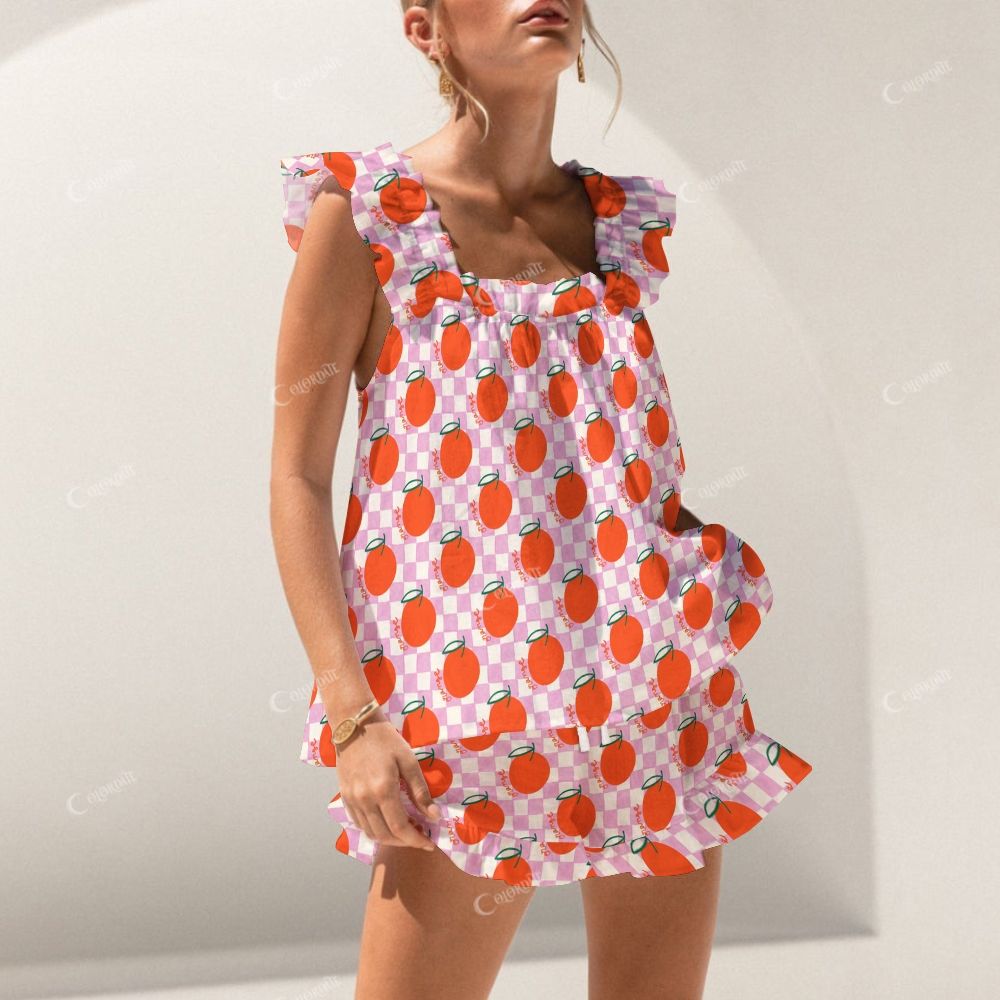 Colordate Orchard Dreams Orange And Checkered Print Short Tank Top Shorts Pajama Set