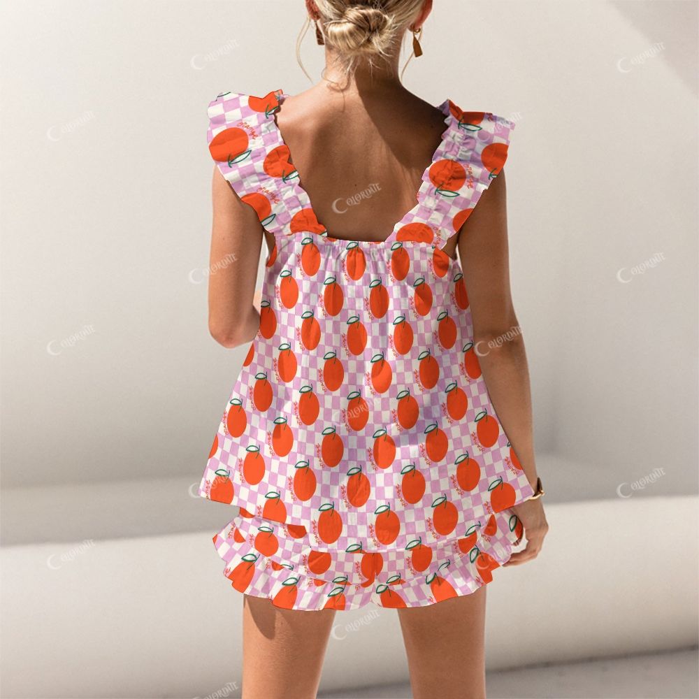 Colordate Orchard Dreams Orange And Checkered Print Short Tank Top Shorts Pajama Set
