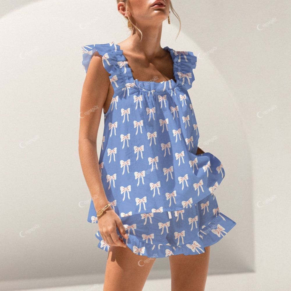 Colordate Bow Knot Print Short Tank Top Shorts Pajama Set