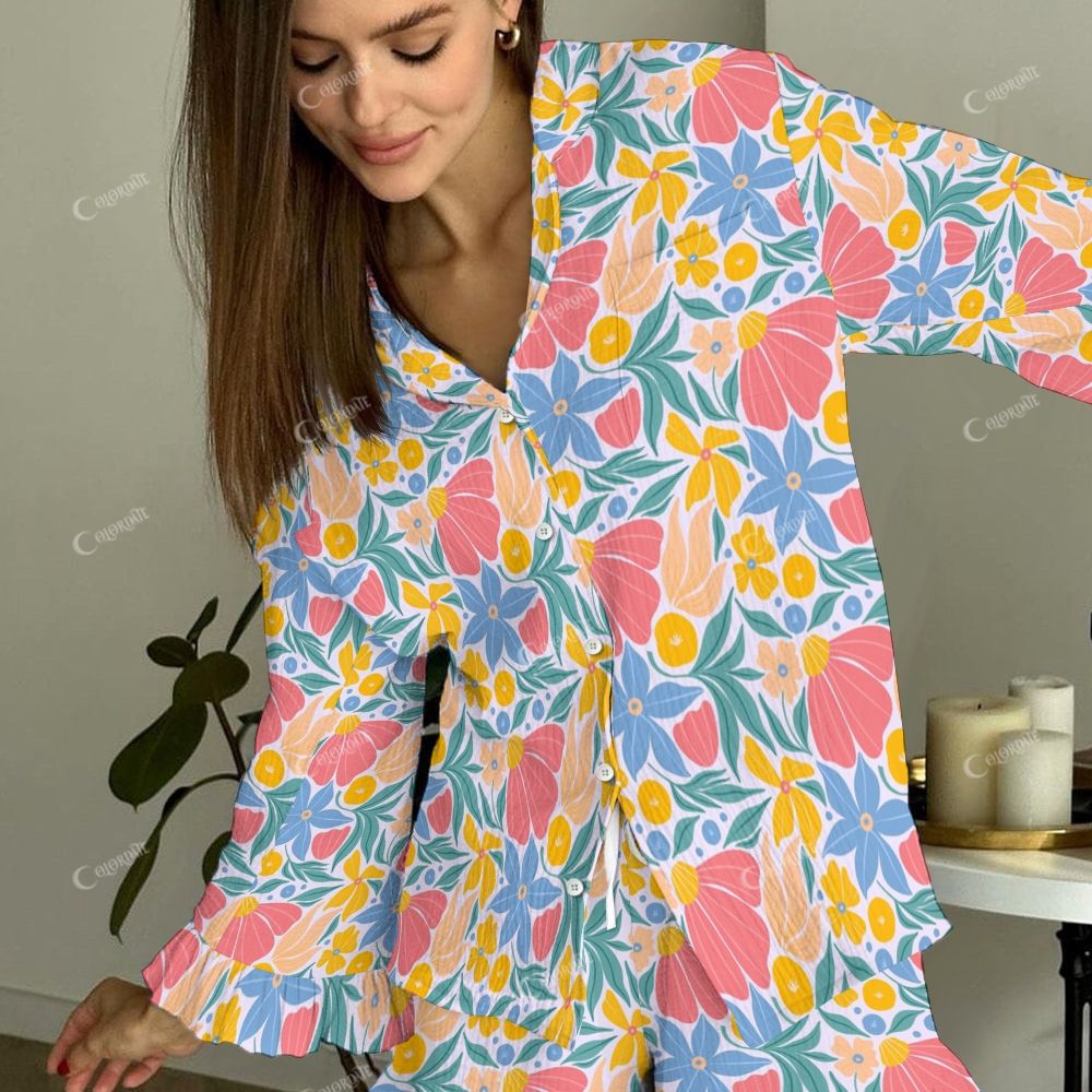 Colordate Women's Colorful Flowers Vintage Printed Linen Cotton Suit