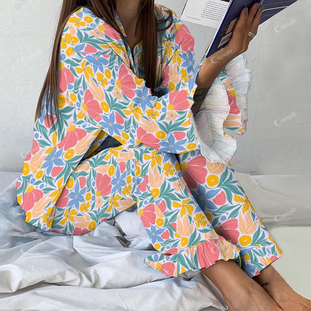 Colordate Women's Colorful Flowers Vintage Printed Linen Cotton Suit