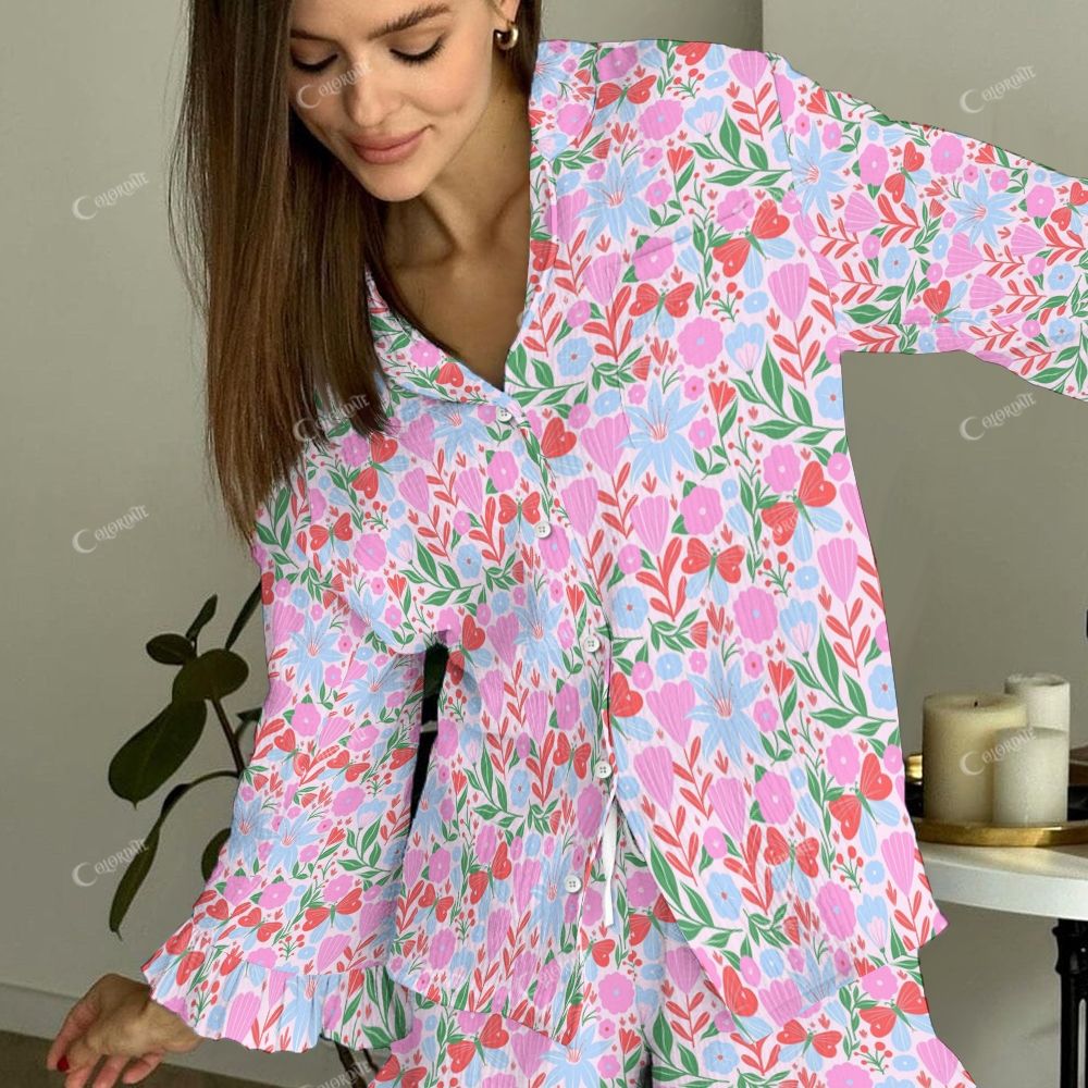 Colordate Women's Colorful Flowers Vintage Printed Linen Cotton Suit