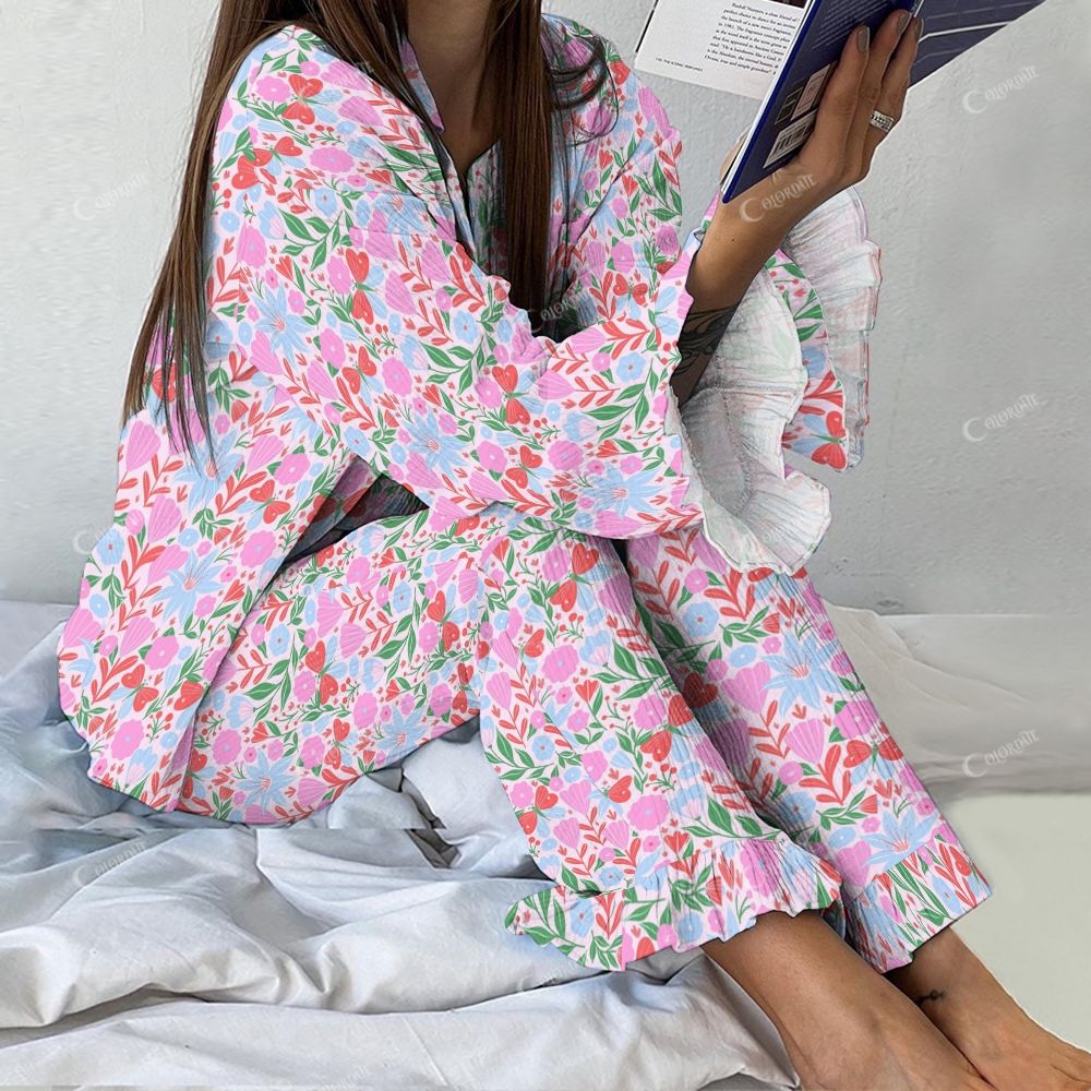 Colordate Women's Colorful Flowers Vintage Printed Linen Cotton Suit