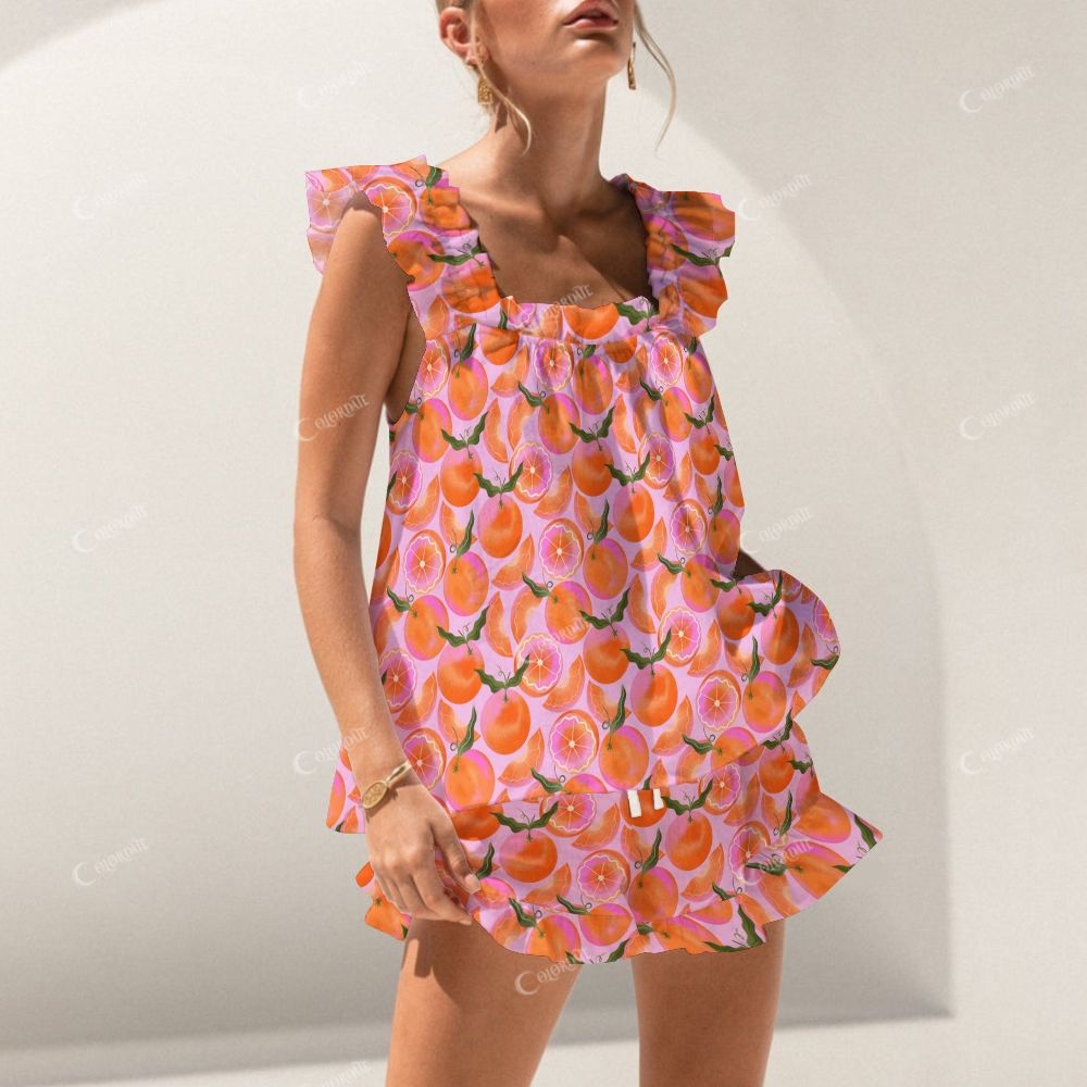 Colordate Sugar Grove Orange Print Short Tank Top Shorts Pajama Set