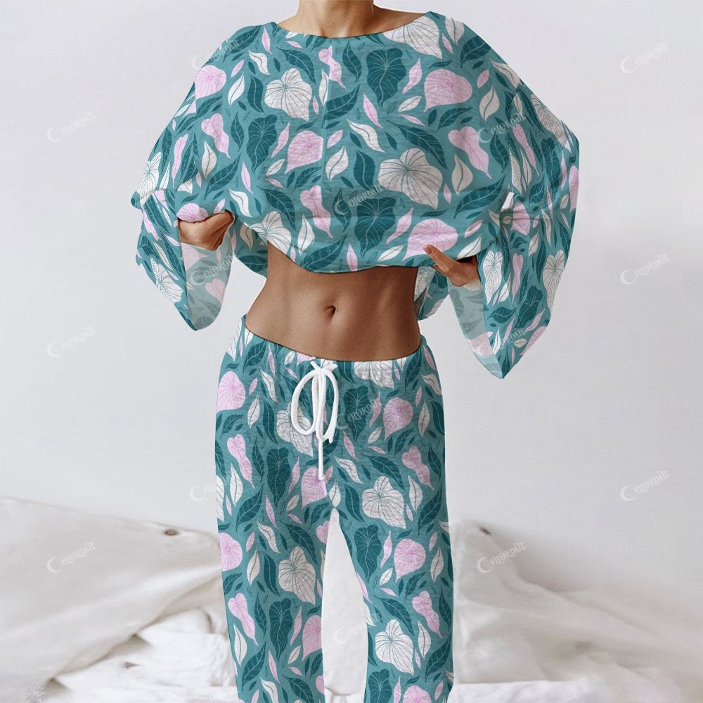 Colordate Women's Leaf Print Long Sleeve Cotton Homewear Set