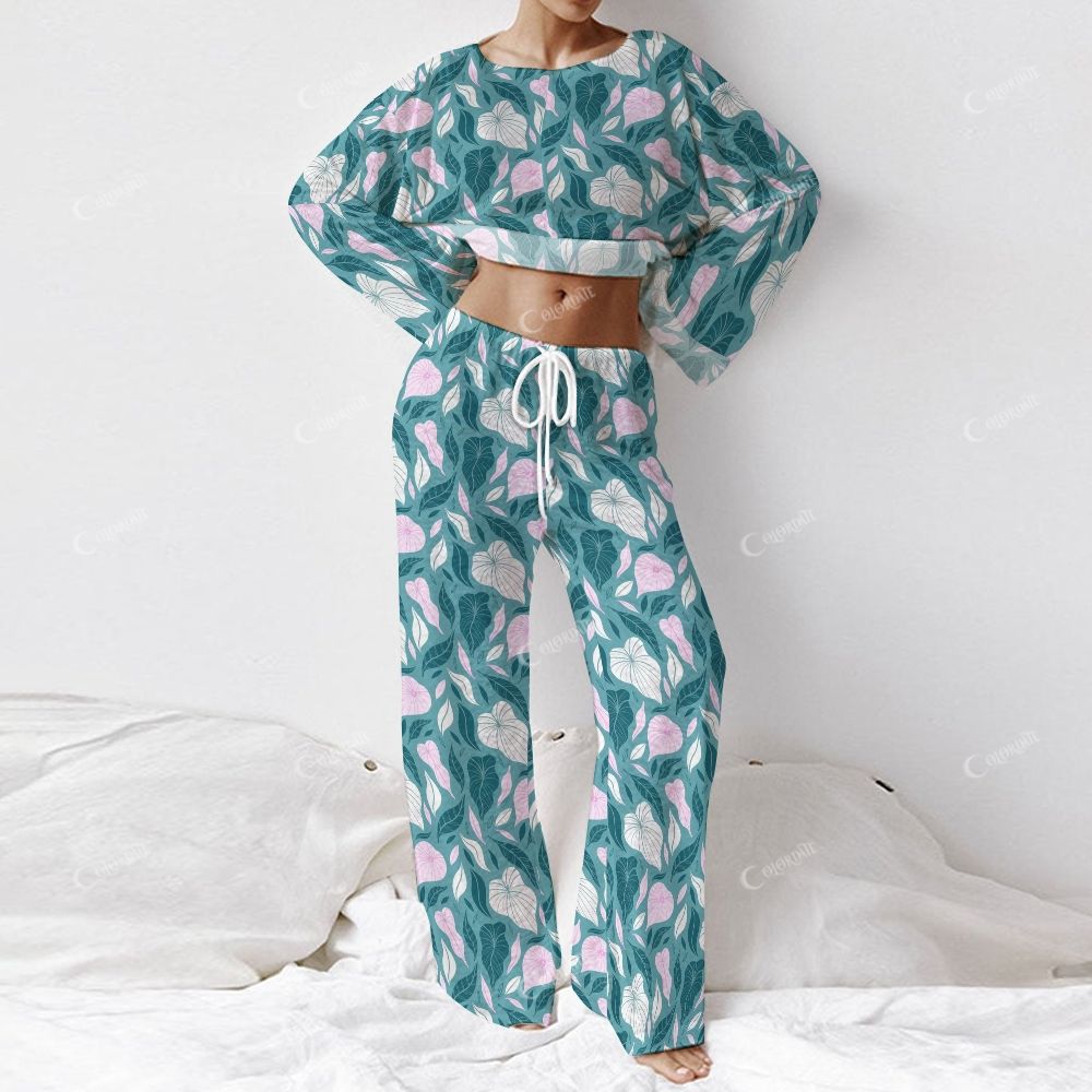 Colordate Women's Leaf Print Long Sleeve Cotton Homewear Set