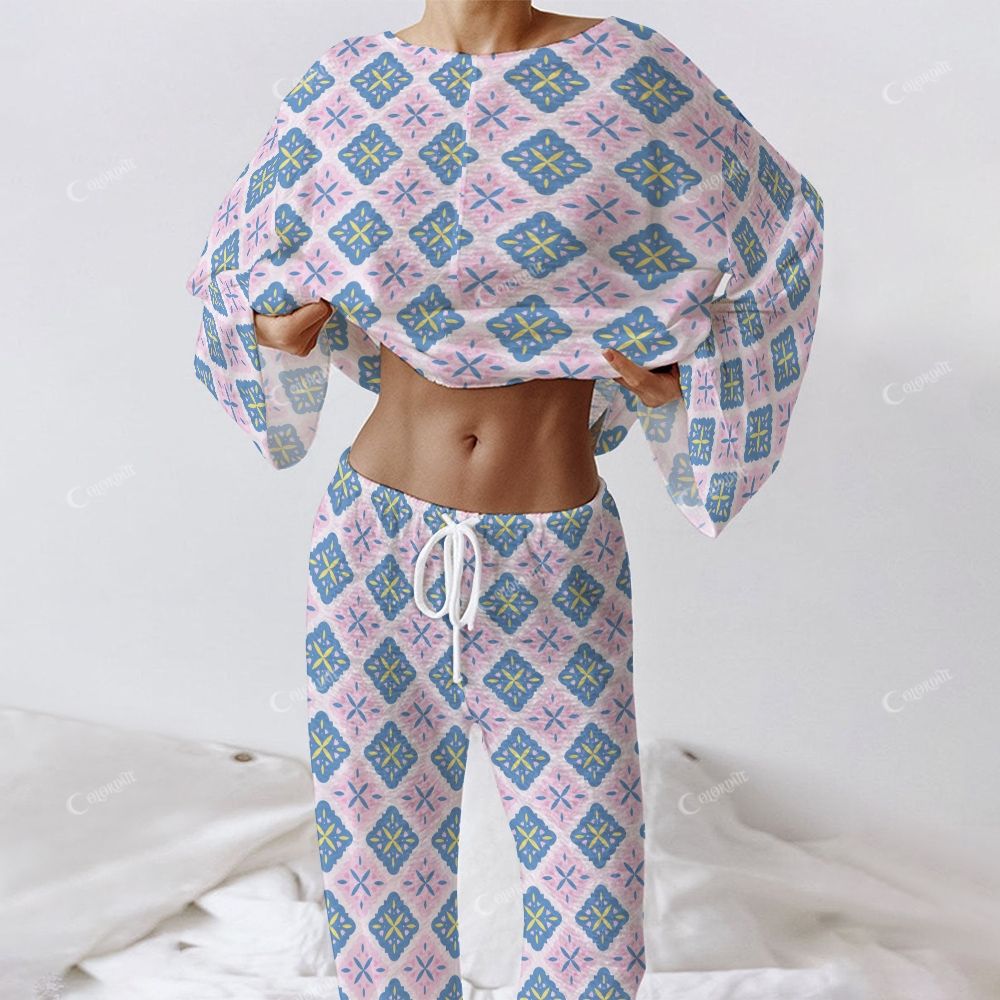 Colordate Women's Symmetrical Pattern Print Long Sleeve Cotton Homewear Set