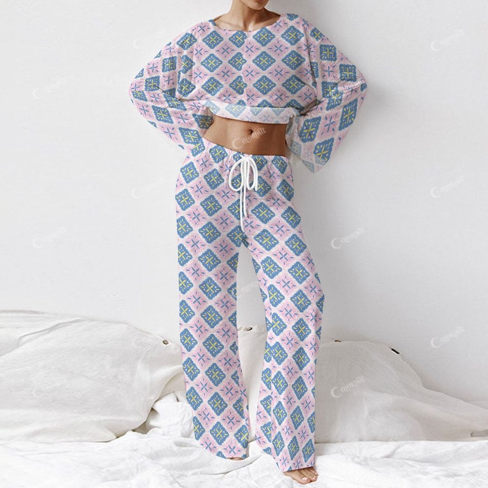 Colordate Women's Symmetrical Pattern Print Long Sleeve Cotton Homewear Set