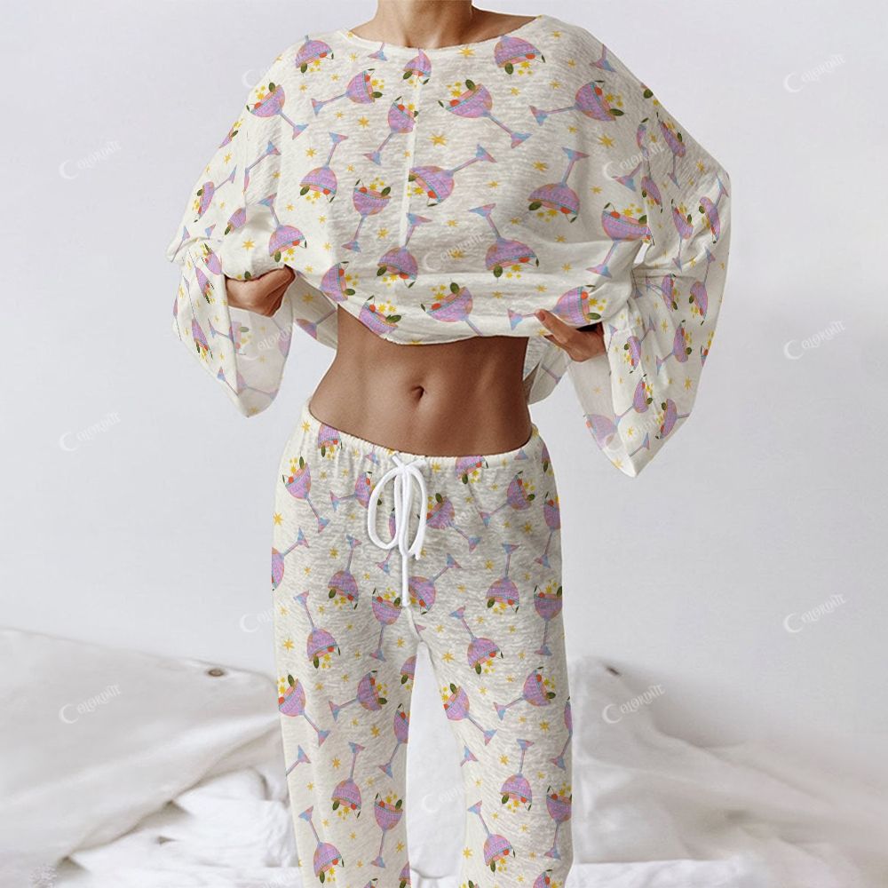 Colordate Tipsy Twilight Women's Wine Glass Print Long Sleeve Cotton Homewear Set