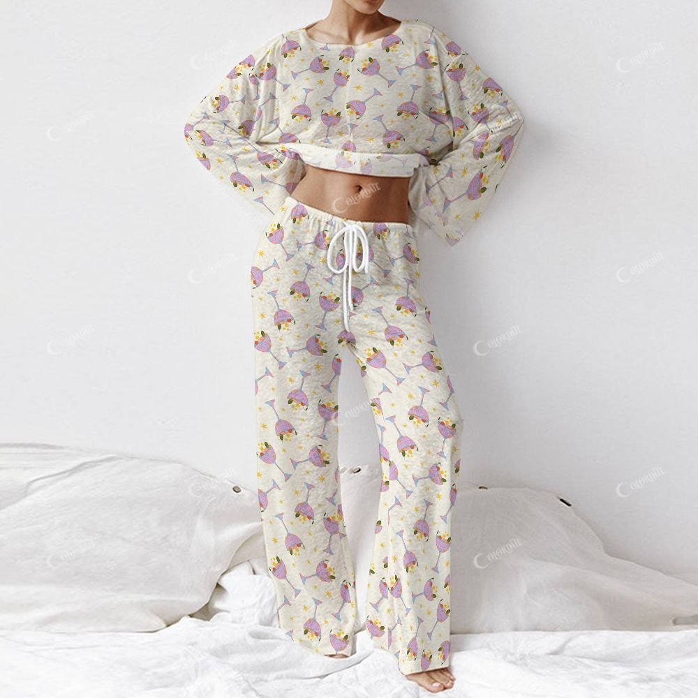 Colordate Tipsy Twilight Women's Wine Glass Print Long Sleeve Cotton Homewear Set