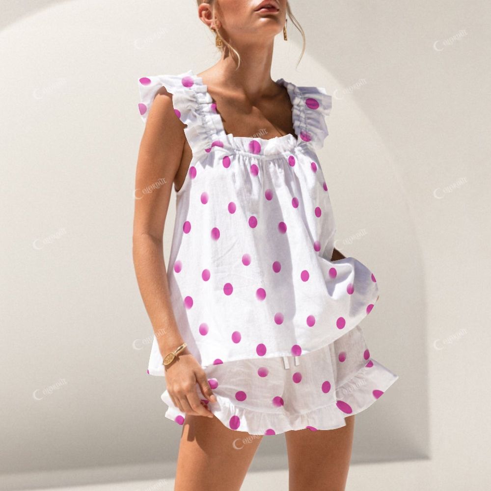 Colordate Pink Polka Dot Print Short Tank Top Shorts Pajama Set