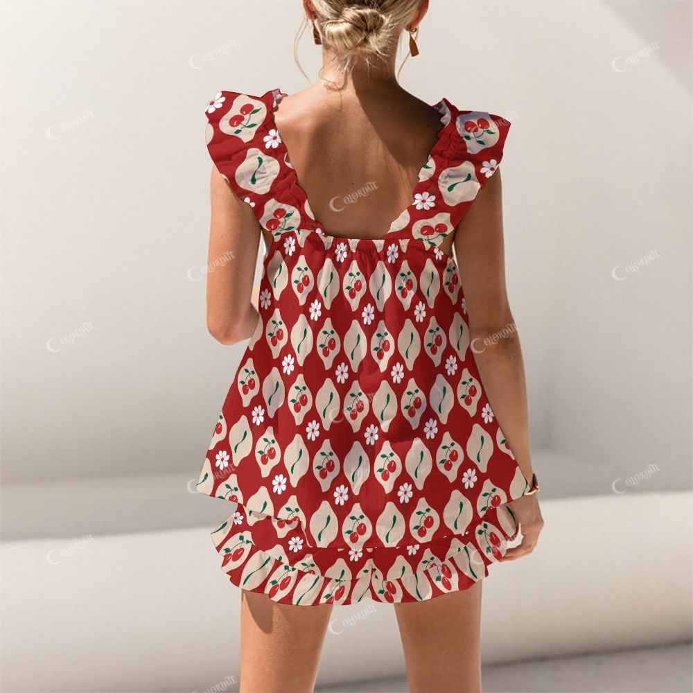 Colordate Cherry Print Short Tank Top Shorts Pajama Set