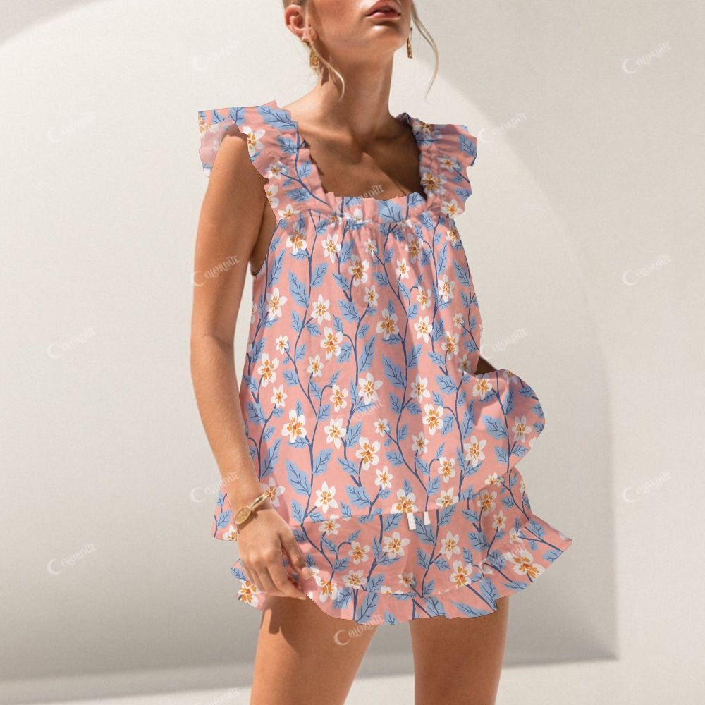 Colordate Flower Print Short Tank Top Shorts Pajama Set
