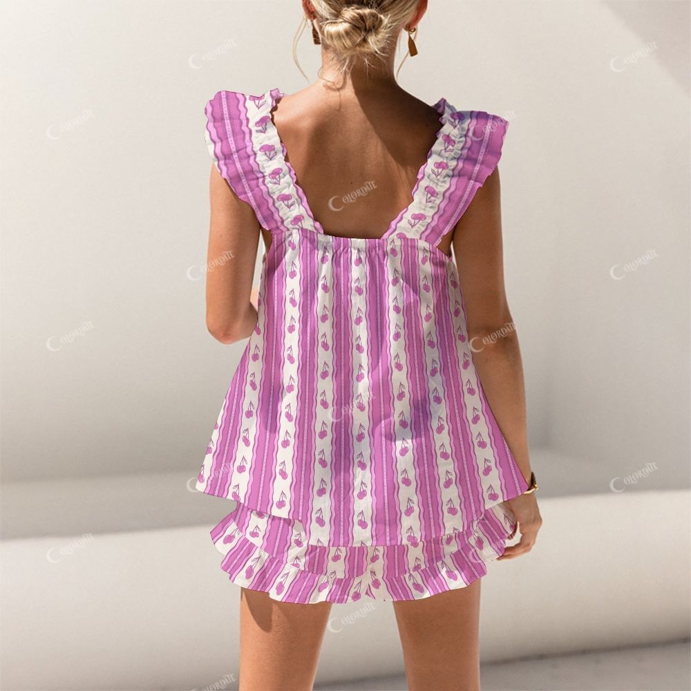 Colordate Cherry Print Short Tank Top Shorts Pajama Set