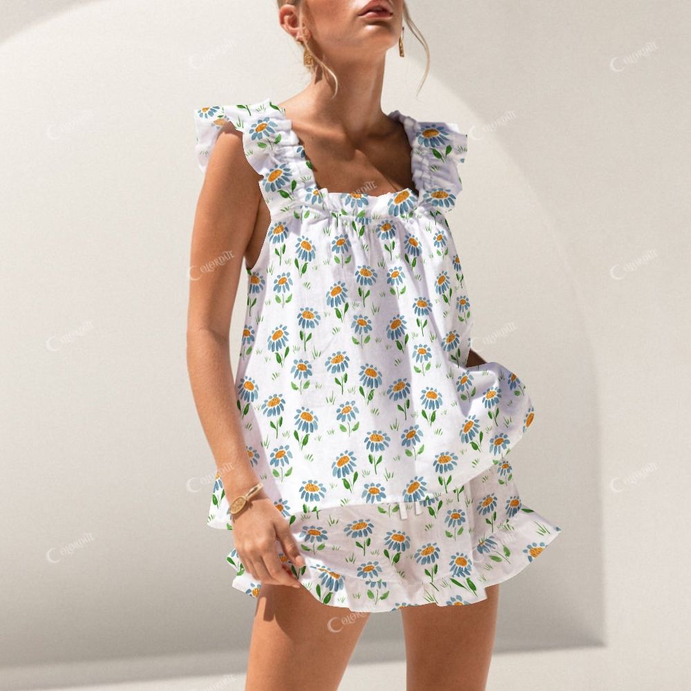Colordate Blue Small Flower Print Short Tank Top Shorts Pajama Set