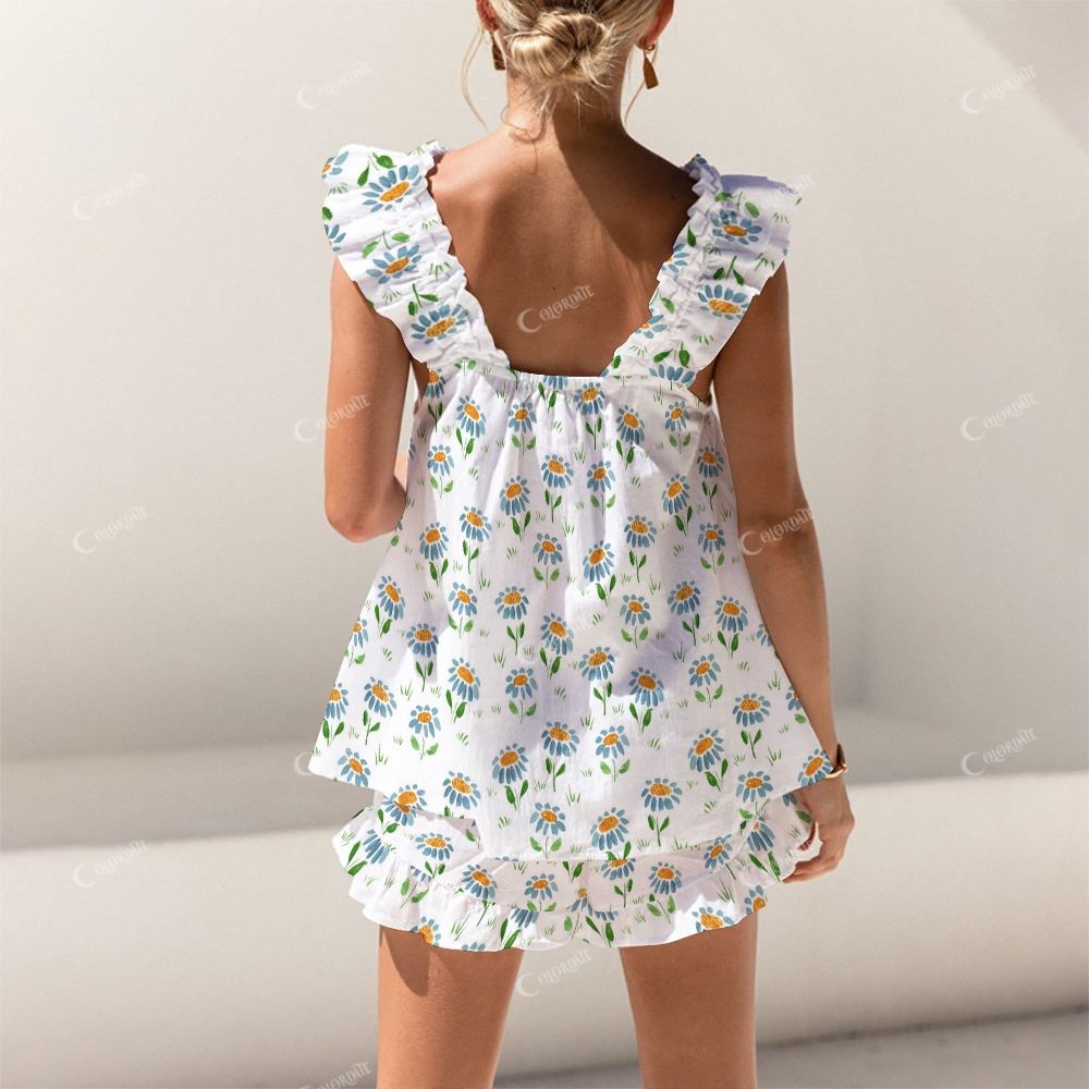 Colordate Blue Small Flower Print Short Tank Top Shorts Pajama Set