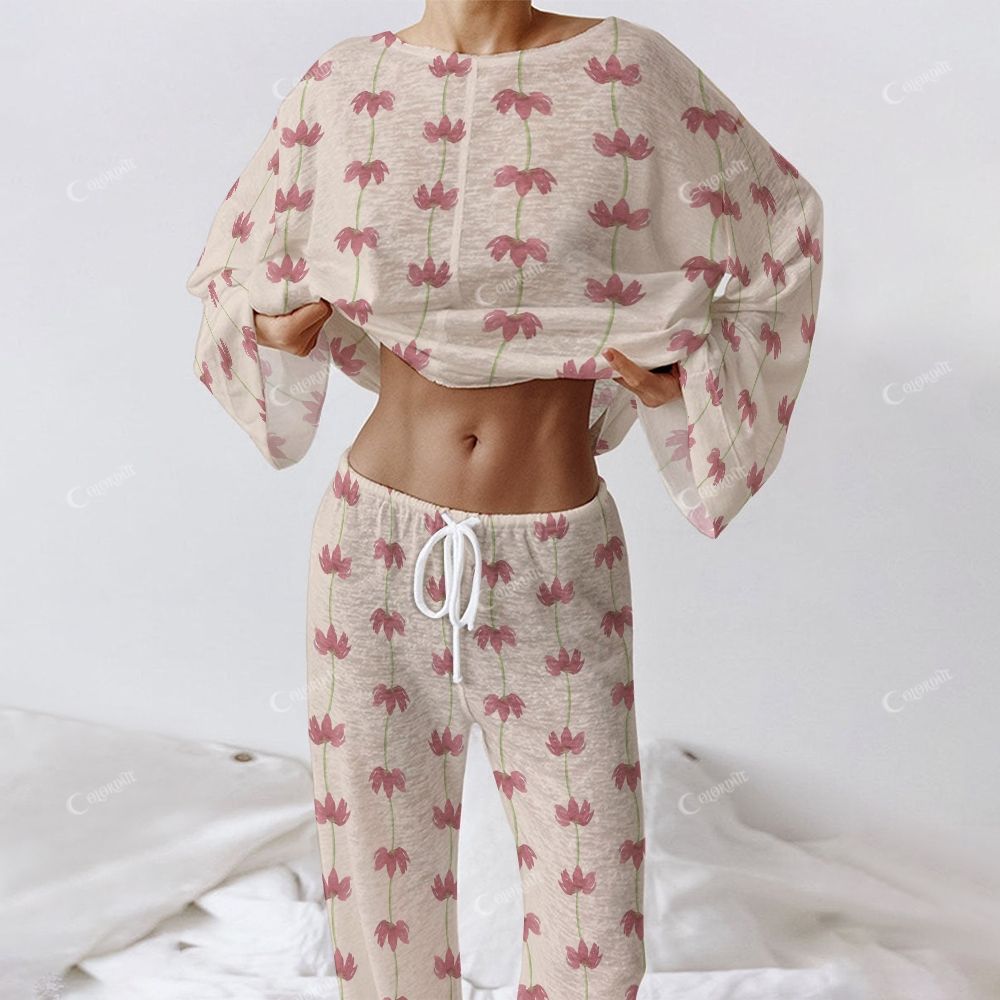 Colordate Women's Flower Print Long Sleeve Cotton Homewear Set