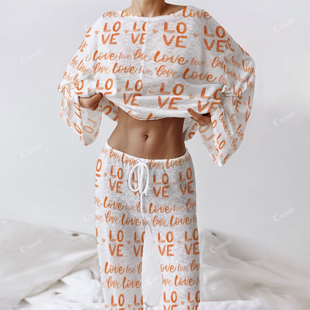 Colordate Love Script Women's Love Letter Print Long Sleeve Cotton Homewear Set