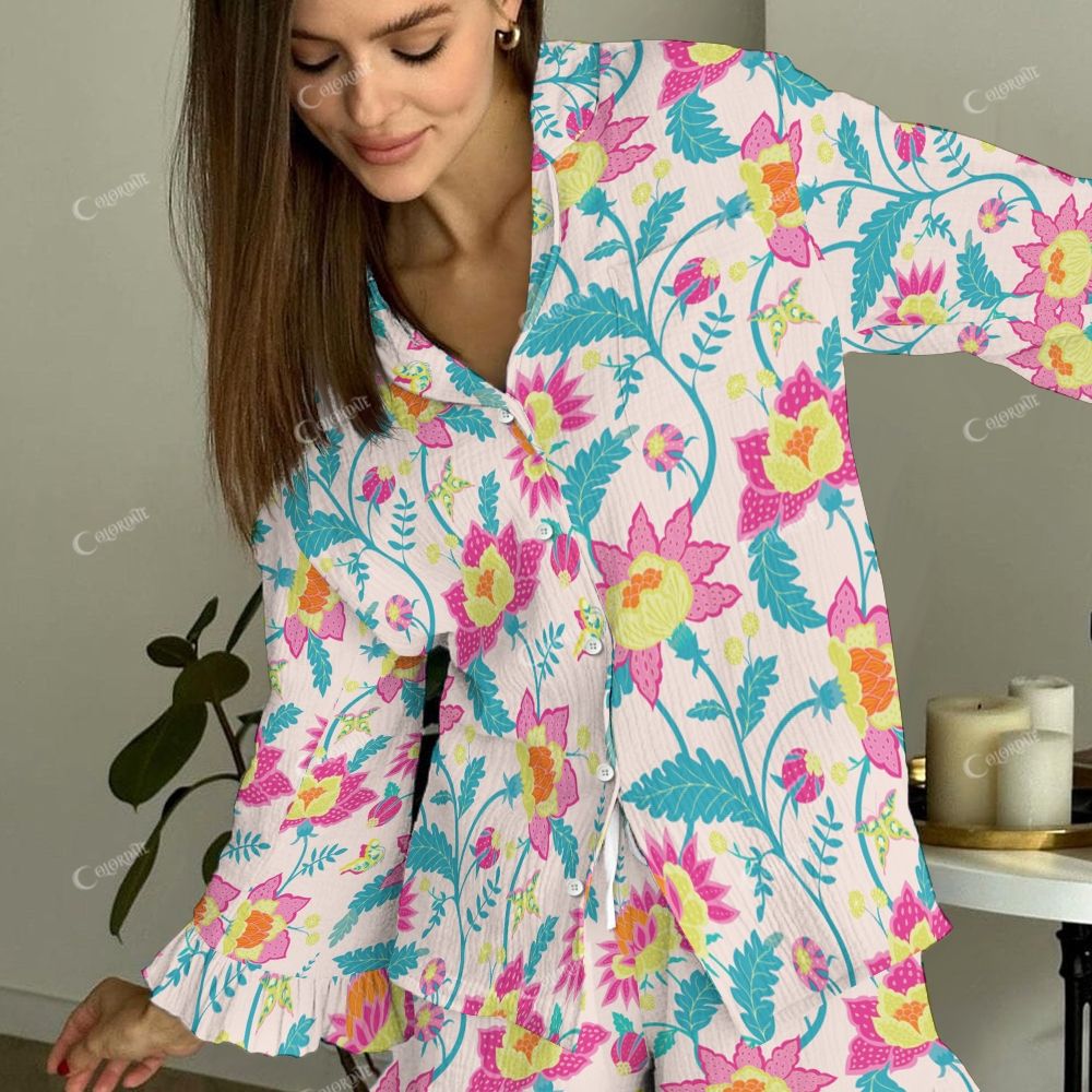 Colordate Gilded Meadow Women's Pink-Yellow Flowers Vintage Printed Linen Cotton Suit