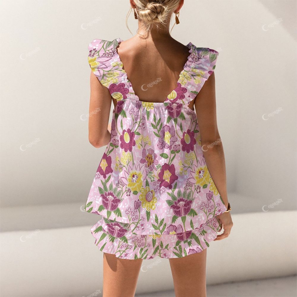 Colordate Flower Print Short Tank Top Shorts Pajama Set