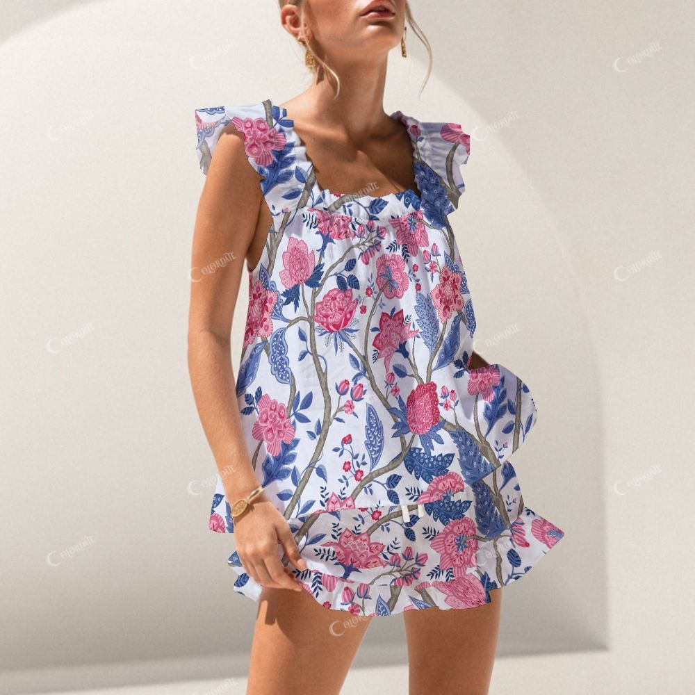 Colordate Flower Print Short Tank Top Shorts Pajama Set