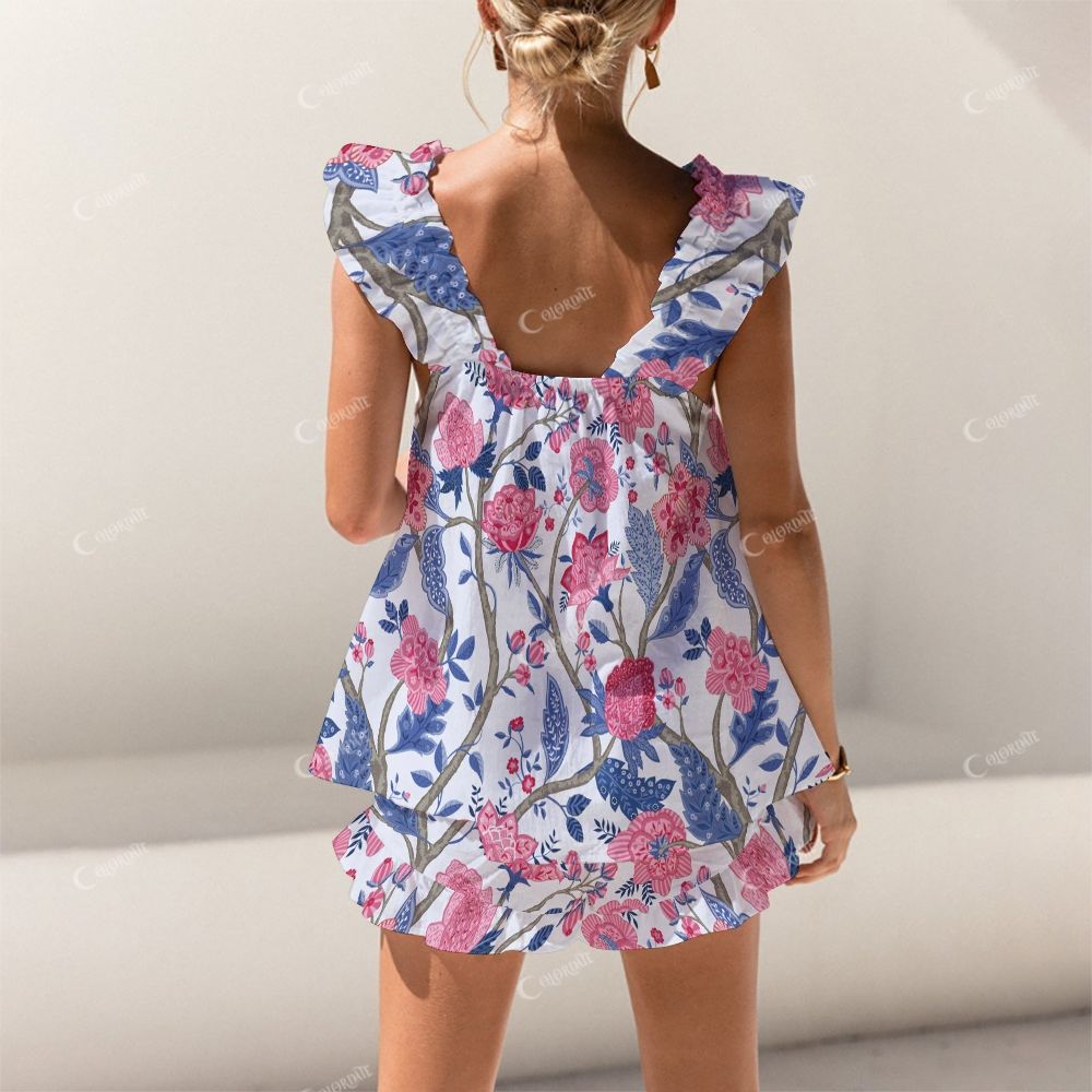 Colordate Flower Print Short Tank Top Shorts Pajama Set