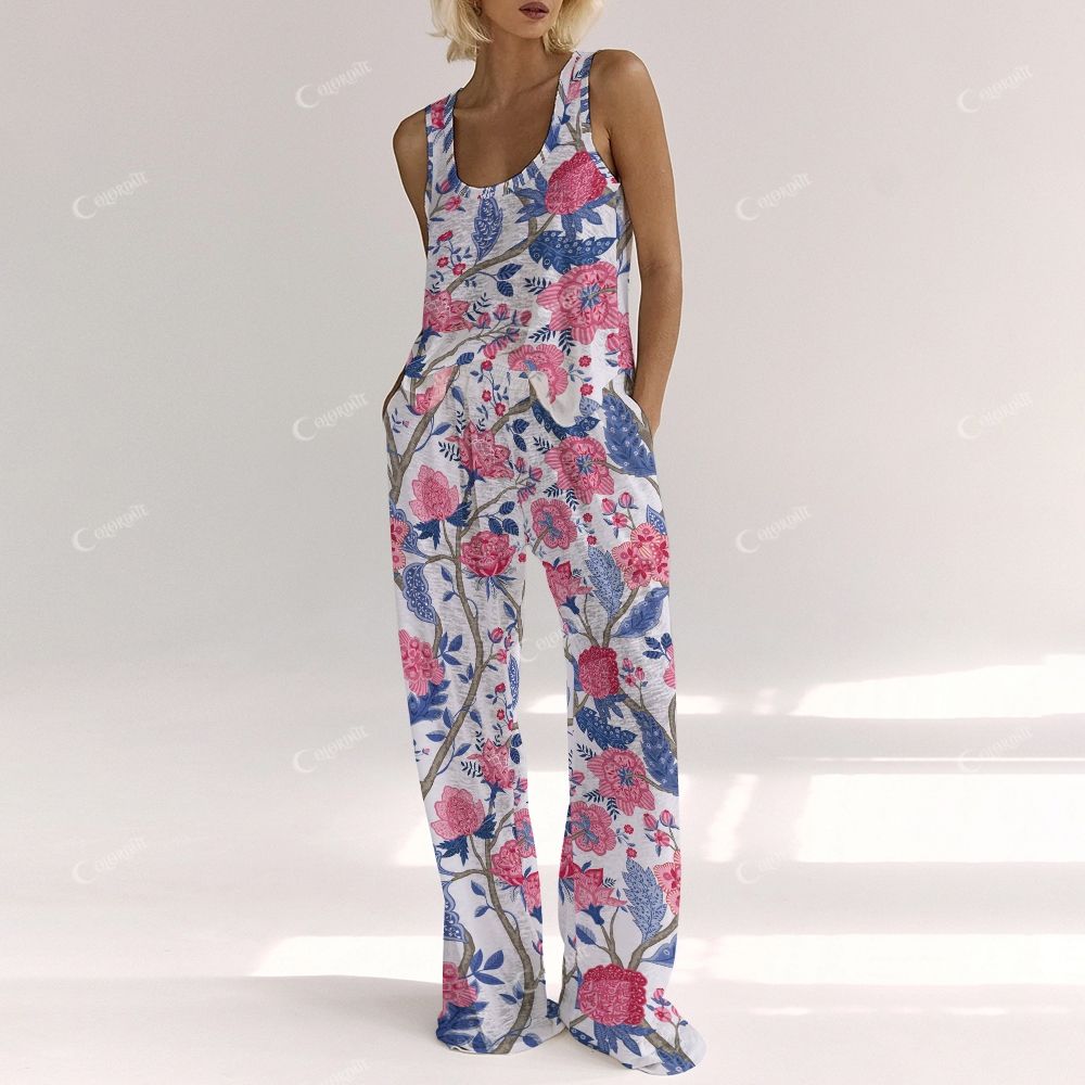 Colordate Women's Pink Flower Print Vest and Pants Set