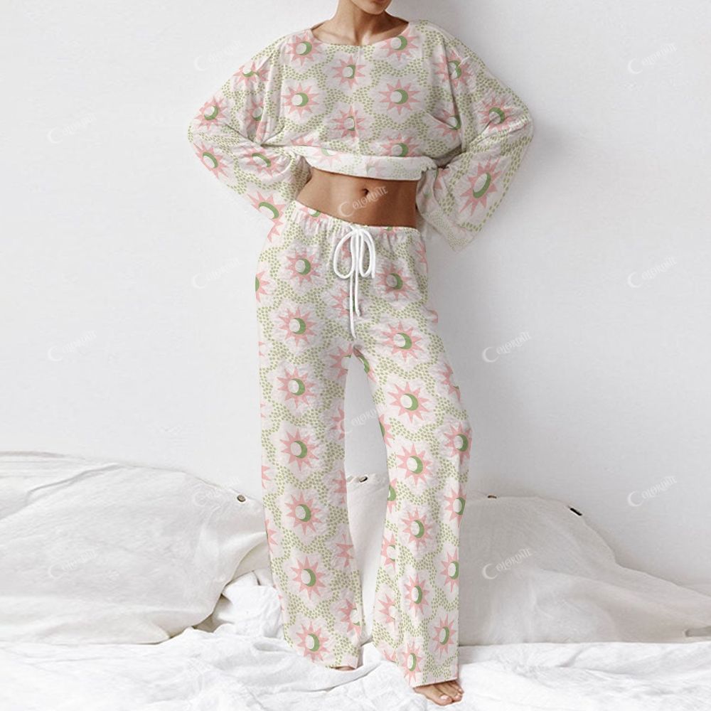 Colordate Sunmoon Veil Women's Sun And Moon Print Long Sleeve Cotton Homewear Set