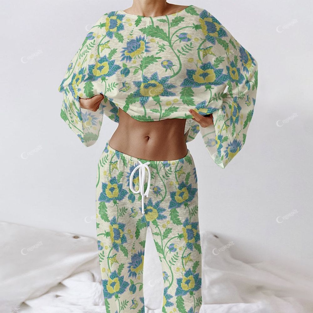 Colordate Women's Flower Print Long Sleeve Cotton Homewear Set