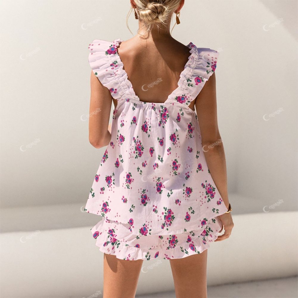 Colordate Purple Flower Print Short Tank Top Shorts Pajama Set