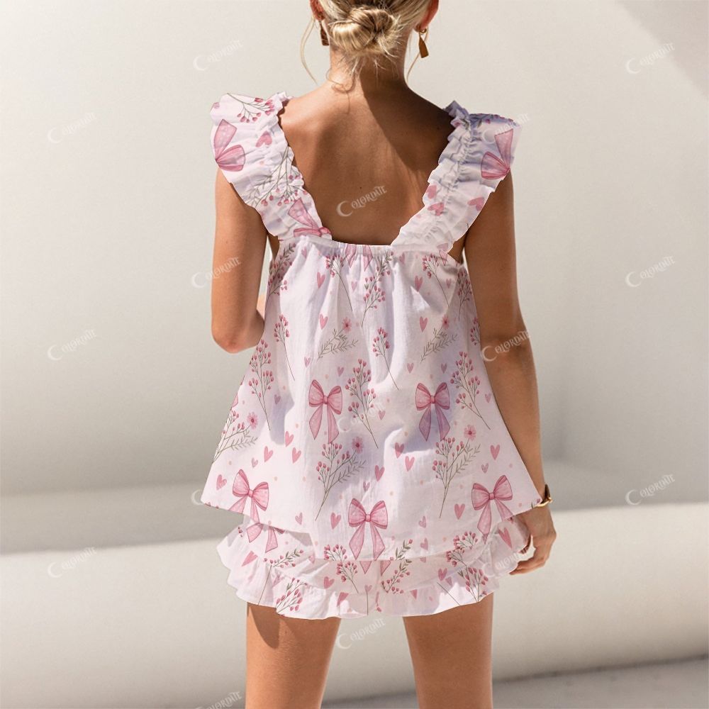 Colordate Pink Bow Print Short Tank Top Shorts Pajama Set