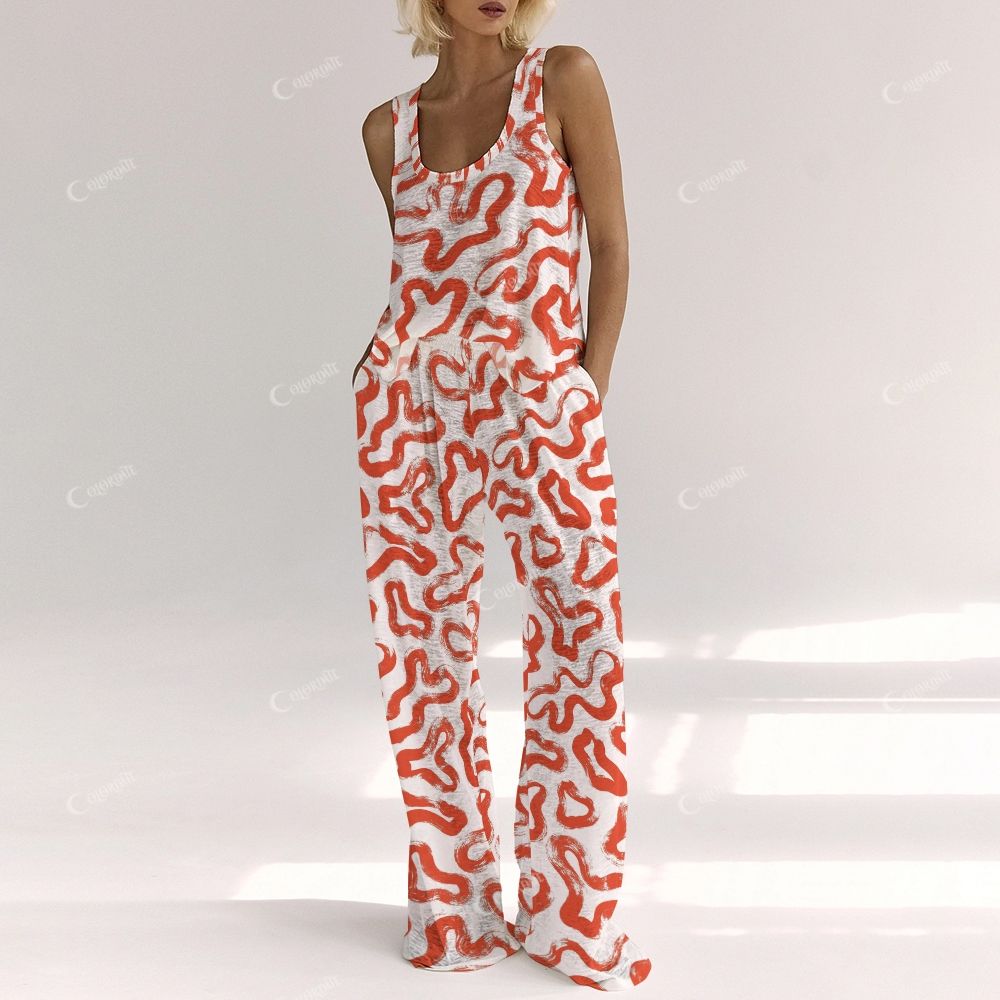 Colordate Women's Red Pattern Print Vest and Pants Set