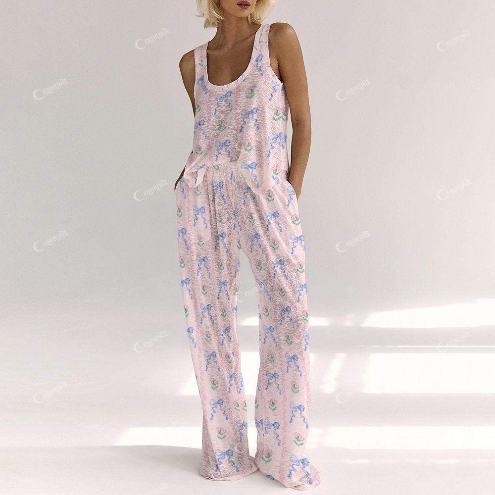 Colordate Women's Blue Bow Print Vest and Pants Set